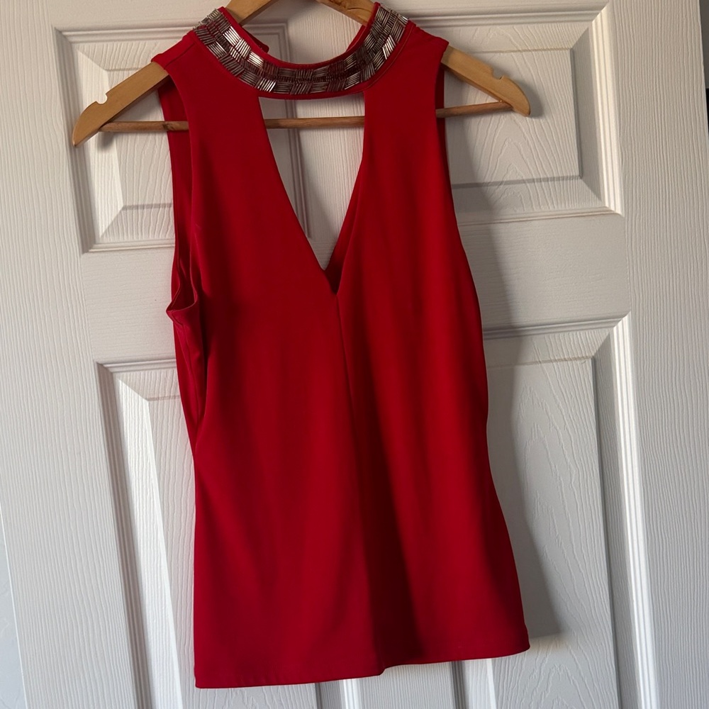Guess Red Sleeveless Blouse with Metallic Neckline